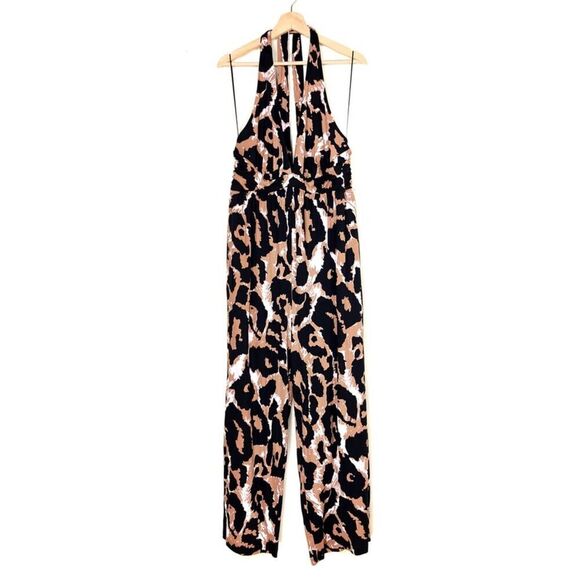 NWT Diane Von Furstenberg Halter Wide Leg Jumpsuit Brown Leopard Womens Plus 2X - Picture 1 of 9